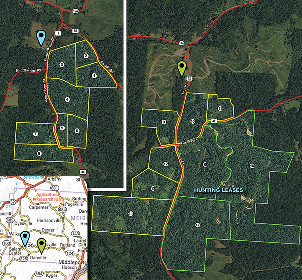 Tract map - LAND AUCTION - 423+/- ACRES OFFERED IN 14 TRACTS IN MEIGS CO., OHIO